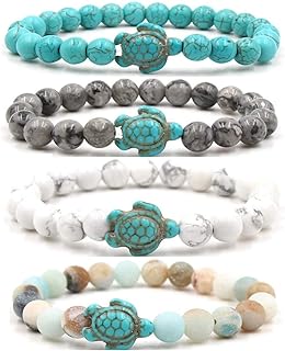 Turquoise Natural Stone Bead Chain Turtle Bracelet for Men and Women, Elastic Stretch, Sea-Inspired Design