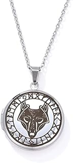 Norse Viking Wolf Picture Locket Necklace with Lobster Clasp, Stainless Steel Cable Chain, for Men and Teen Boys, Celtic Odin Wolf Head and Rune Design