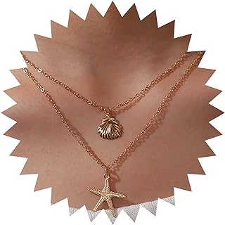 Punk Layered Starfish Pendent Necklace Sea Shell Necklace Gold Scallop Choker Necklace Ocean Starfish Necklace Chain Jewelry for Women and Girls