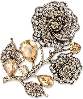 Mayfox Rhinestone Crystal Costume Rose Brooches Pin for Women, Retro Vintage Art Deco Flower Leaf Brooch Decoration for Party