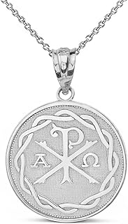 Religious Jewelry Sterling Silver Chi Rho Alpha Omega Symbol Medallion Round Pendant Necklace