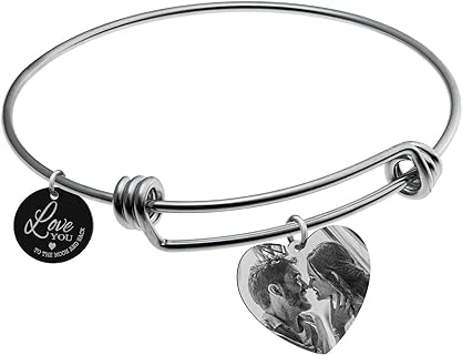 Custom Photo Laser Engraved Picture Personalized Heart Dangle Charm Pendant Disk Tag Adjustable Wire Bangle Bracelet