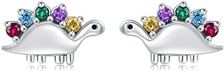 Clip-On 925 Sterling Silver Dinosaur Stud Earrings Embellished with Cubic Zirconia for Women - Rainbow Design