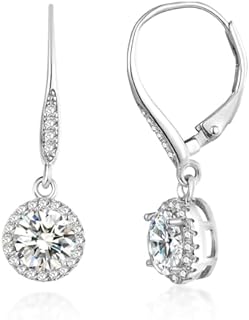 Moissanite Dangle Earrings for Women,18K White Gold Plated 925 Sterling Silver 2ct Round Brilliant D Color VVS1 lab Created Diamond Halo CZ Drop Earrings