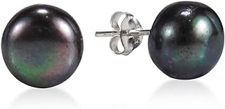 AeraVida Elegant Round Cultured Freshwater Black Pearl .925 Sterling Silver Post Earrings-10 mm | Classic Round Sterling Silver Stud Earring for Women