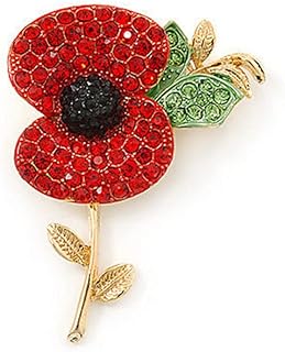 Rhinestone Poppy Flower Brooch Pin for Women Gold Plated Fashion Red Green Crystal Leaf Blossom Brooches Lapel Pins Elegant Dress Accessories Jewelry Boutonniere Corsage for Hat Bag Suit Tie Gift