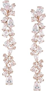 SWEETV Cubic Zirconia Clip on Bridal Earrings for Women Brides, Long Rhinestone Chandelier Wedding Drop Earrings for Prom or Pageant