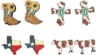 Western Earrings Sets for Women Cowgirl Cowboy Boho Vintage Handmade Cow Print Boots Leather Wood Turquoise Teardrop Stud Earrings Bulk Bohemian National Jewelry for Gifts