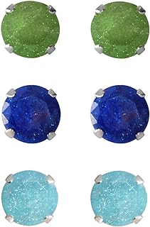 Set of 3-pair Sterling Silver 4.25-mm Turquoise, Dark Green, Bright Blue Ice Cubic Zirconia Stud Earrings