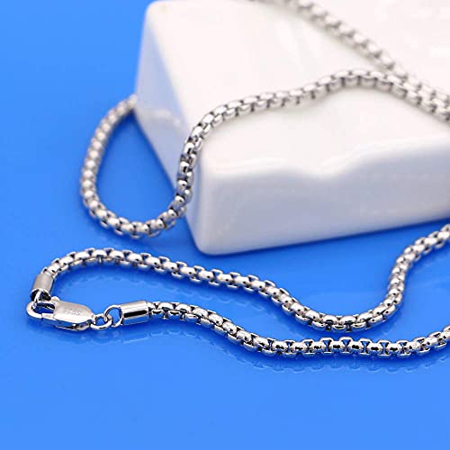 Italian Solid 925 Sterling Silver Necklace Men & Women 3MM Square Rolo Link Round Box Chain Chokers 18 "20" 22 "24" 26 "28" Unisex Jewelry (28 inches)