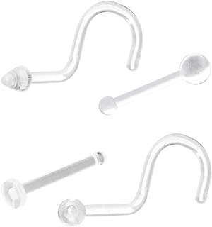4PCs 20G Flexible Acrylic Clear Nose Ring Retainers Nose Bone Pin Flat Top Ball Bioflex Nose Rings Studs Screw Corkscrew Nose Ring Nostril Piercing Retainer Kit For Work Surgery MRIs