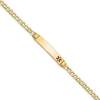 Jewels By Lux Engravable Personalized Custom 14K Yellow Gold Solid Medical Red Enamel Cuban Link ID Bracelet For Men or Women Length 8 inches Width 5.5 mm With Lobster Claw Clasp