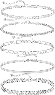 DEARMAY Dainty 6Pcs Silver Ankle Bracelets for Women Waterproof, S925 Sterling Silver Anklets Jewelry Layered Cuban Chain Herringbone Cute Anklets Set Pack Summer Beach Gift for Women Teen Girls