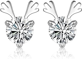 Push Back Cubic Zirconia Sterling Silver Christmas Reindeer Stud Earrings for Women and Girls with Antler Design