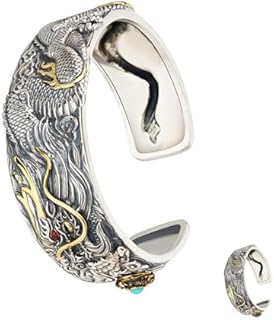 Choistily Dragon Bracelet Ring Set Silver Dragon Cuff Bracelet for Men Women Carved Pattern Retro Bangle Bracelet Adjustable Open Cuff Bangle Bracelet Gifts