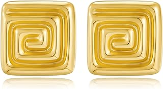 Push-Back Large Square Spiral Stud Earrings in Brass for Women with Geometric Design - COORWEEL Gold Silver Statement Oversized