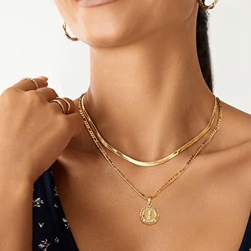 KissYan Gold Layered Initial Necklaces for Women,14K Gold Plated Layering Round Letter Pendant Figaro Snake Chain Necklace Capital Monogram Alhpabets from A-Z Dainty Jewelry Gifts for Teen Girls