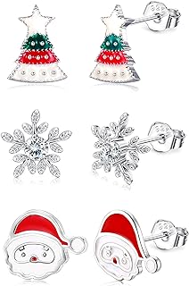 Fiasaso Christmas Earrings 3 Pairs 925 Sterling Silver Christmas Stud Earrings for Women Teen Hypoallergenic Snowman Santa Claus Christmas Tree Snowflake Earrings Christmas Thanksgiving Jewelry Gift