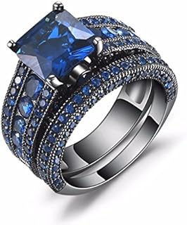 Black Sterling Silver Princess Cut Created Blue Sapphire Engagement Wedding Bridal Rings Set