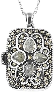 Shop LC Stainless Steel Locket - Labradorite & Marcasite Locket Pendant Necklace for Women - Vintage Lockets in Black Oxidized Stainless Steel - 20" Necklace Length Costume Jewelry for Women Birthday