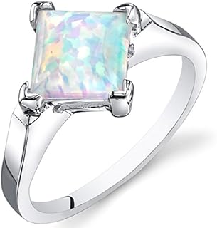 PEORA Created White Fire Opal Classic Solitaire Ring for Women 925 Sterling Silver, 1.50 Carats Princess Cut 7mm, Sizes 5 to 9