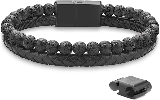 Braided Leather & Lava Rock Stone Bracelet for Men - LUXEJEW Layered Beaded Design with Bead Chain and Magnetic Clasp, Anxiety Stress Relief Accessory, Hypoallergenic Materials, Ideal Gift