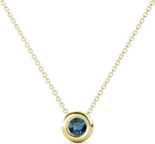 Round Blue Diamond Donut Bezel Set 1/3 ctw Women Solitaire Pendant Necklace. Included 16 Inches Chain 14K Gold