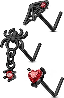 20G L-Bend Black Red Spider Dangle Nose Stud - Versatile Three-Piece Value Pack for Halloween Enthusiasts - Chic Spider Web Design with Red CZ Gem Accent