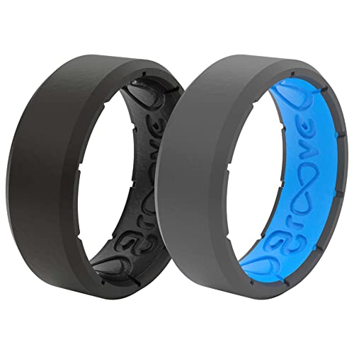 Edge Black/Black and Deep Stone Grey/Blue Silicone Ring Bundle - Breathable Rubber Wedding Rings for Men, Lifetime Coverage, Unique Design, Comfort Fit Ring - Size 8