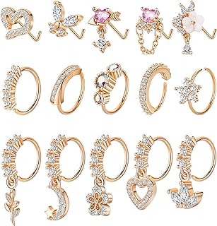 15-Pack 20G Stainless Steel Dangle Nose Rings with Cubic Zirconia Inlays - Variety of Heart, Flower, Butterfly Designs