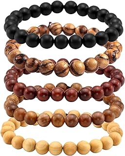 Bead Chain Dzi Bead Bracelet - Hematite Stone Embellished Natural Wood Bracelets by MILAKOO - Set of 5 for Men and Women with Adjustable Stretch Design