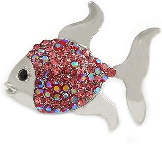 Radiant Small Silver Fish Brooch Embellished with Pink Crystals - With Durable Pin Clasp
