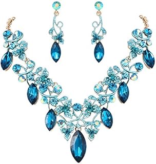 BriLove Women's Turquoise Crystal Necklace with Lobster Clasp & Floral Vine Leaf Design Dangle Earrings Set