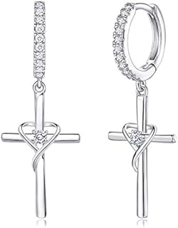 AmorAime 925 Sterling Silver Earrings for Women 14k Gold Plated Earrings Birthstone Heart Earrings for Girls Dangle Cross Earrings Mom Gifts for Mother's Day, Valentine's Day or Birthday