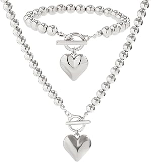 Salircon Chunky Gold Heart Choker Necklace and Bracelet Set Gold Beads Necklace with Big Heart Pendant Gold and Pearl Heart Toggle Necklace