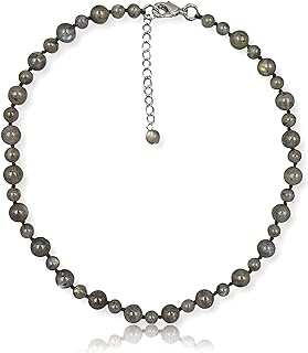 Women's MGR MY GEMS ROCK! Collar/Choker Necklace with Beaded Labradorite Semi Precious Stones & High-Quality Stainless Steel Ball Chain, 14.50" + 3" Extender, Lobster-Claw Clasp