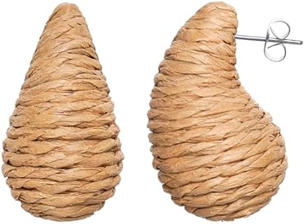 Chunky Raffia Teardrop Hoop Earrings for Women Girls Boho Summer Beach Drop Earrings Lightweight Trendy Jewelry