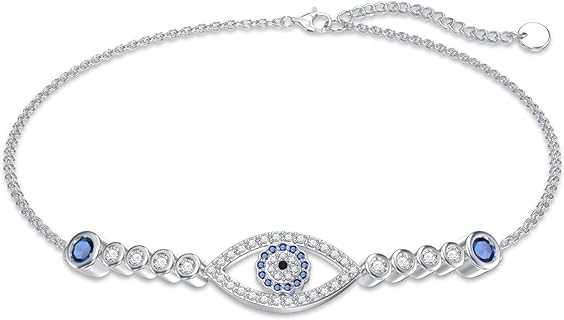 Lobster Claw Clasp Evil Eye Gold Bead Bracelet with Box Link Chain, Base Gem for Women - Sterling Silver Clover Design