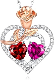 Lobster Clasp + Pink Heart Pendant Necklace + Cubic Zirconia + for Women + Rose Flower Design, Sterling Silver Cable Chain, AGVANA Double Birthstone Jewelry for Her - Anniversary, Birthday Gifts for Moms, Wives, Girlfriend, Daughters