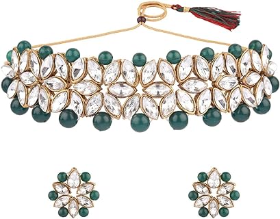 Efulgenz Crystal Kundan Pearl Rhinestone Indian Boho Floral Choker Necklace Earrings Wedding Bridal Jewelry Set