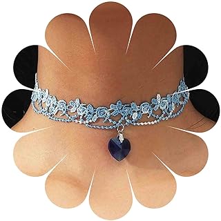 Lobster Clasp Sapphire Choker Necklace, Cable Chain, Blue Heart Crystal for Women and Girls, Boho Lace Flower Design
