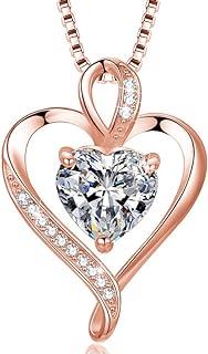 Women's Silver Rose Pendant Necklace with Cubic Zirconia and Cable Chain, Heart Design Gift for Wife or Mom