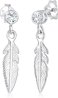 Elli Boucles d'Oreilles Créoles Plume Boho en Argent Sterling 925 et Cristal, 5mm, Fabriquées à la Main en Indonésie, Parfaites pour Femmes Élégantes