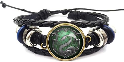 Women's Buckle Clasp Braided Leather Bracelet with Snake Badge Logo and Punk Chain Cuff