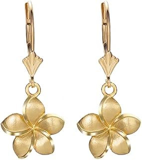 14K Solid Yellow Gold Hawaiian Plumeria Flower Earrings Dangle Leverback, Nickel Free Hypoallergenic for Sensitive Skin, For Mom Women Daughter, Gift Box Included