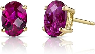 Peora Solid 14K Yellow Gold Created Ruby Earrings for Women, Classic Solitaire Studs, 7x5mm Oval Shape, 2 Carats total, Hypoallergenic, Friction Back
