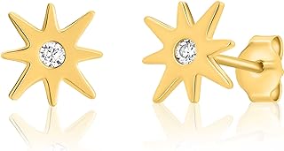 14K Gold North Star Studs with Cubic Zirconia Starburst Earrings