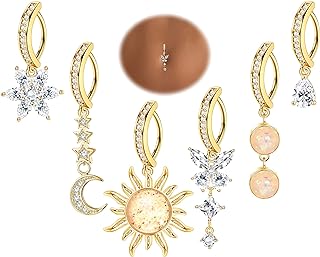 JOERICA 6 Pcs 14G Clicker Belly Button Ring for Women 316L Surgical Steel Butterfly Snake Evil Eye Heart CZ Opal Dangle Belly Button Rings Simple Reverse Navel Rings Body Belly Piercing Jewelry