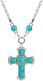 Women's Western-Style Stainless Steel Cross Pendant Necklace with Turquoise Accents and Adjustable Length Chain