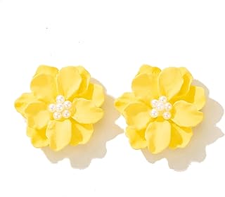 Exaggeration Boho Pearl Flower Stud Earrings for Women,Camellia Flower White Pearl Beads Blosson Stud Earrings Wedding Holiday Jewelry Gifts